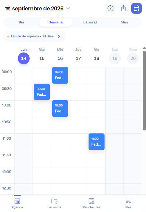 Agenda semanal de Nubiq en celular