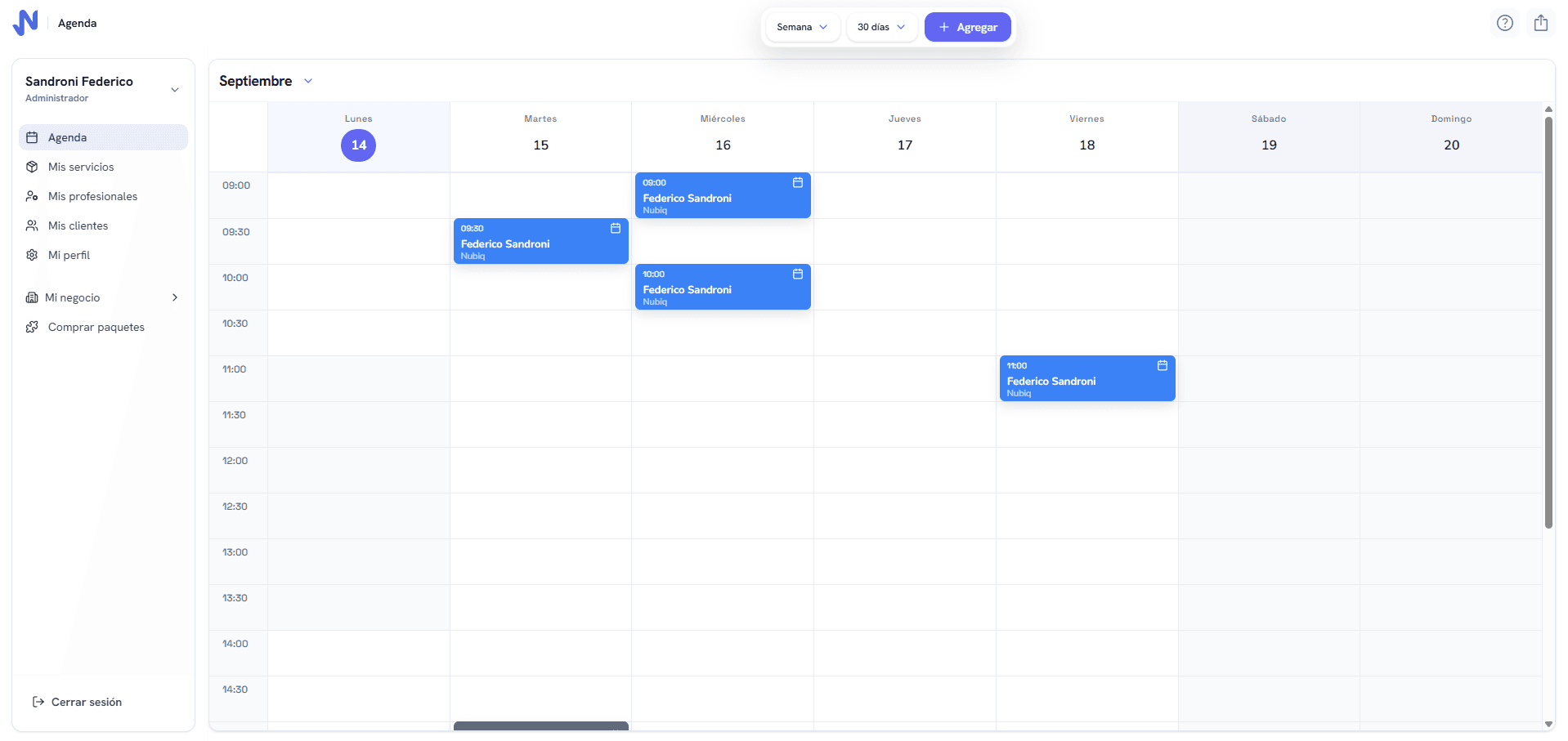 Agenda semanal de Nubiq en escritorio